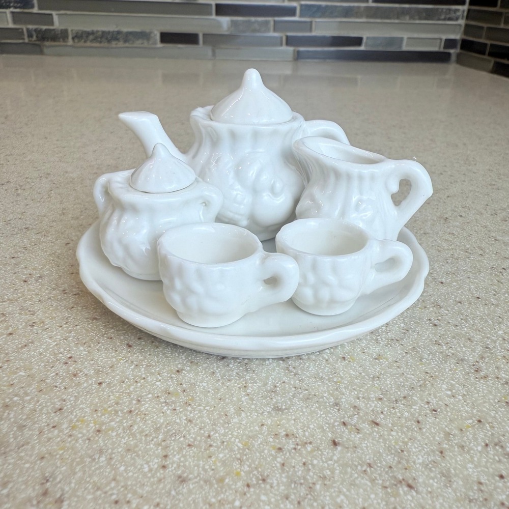 Vintage Miniature White Ceramic Tea Set Embossed‎ Floral 8 Piece Dollhouse Decor